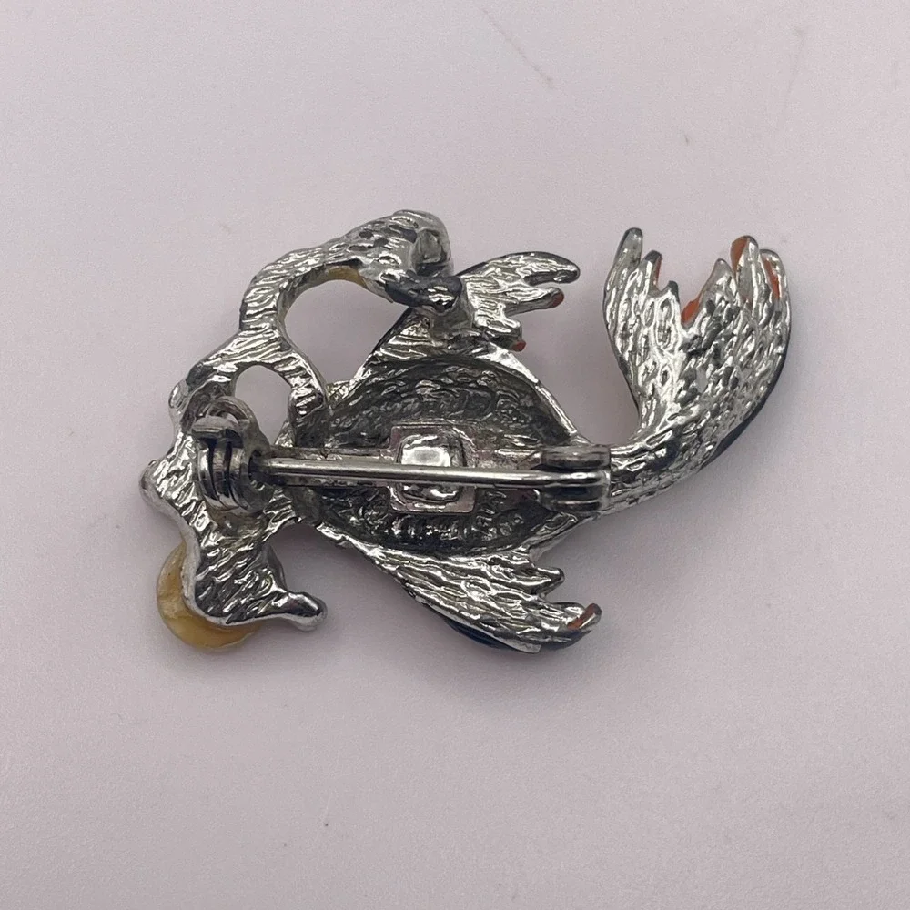 Vintage Silver Tone Enamel Fish Brooch Green Rhinestone Eye Bubble Pin 70s